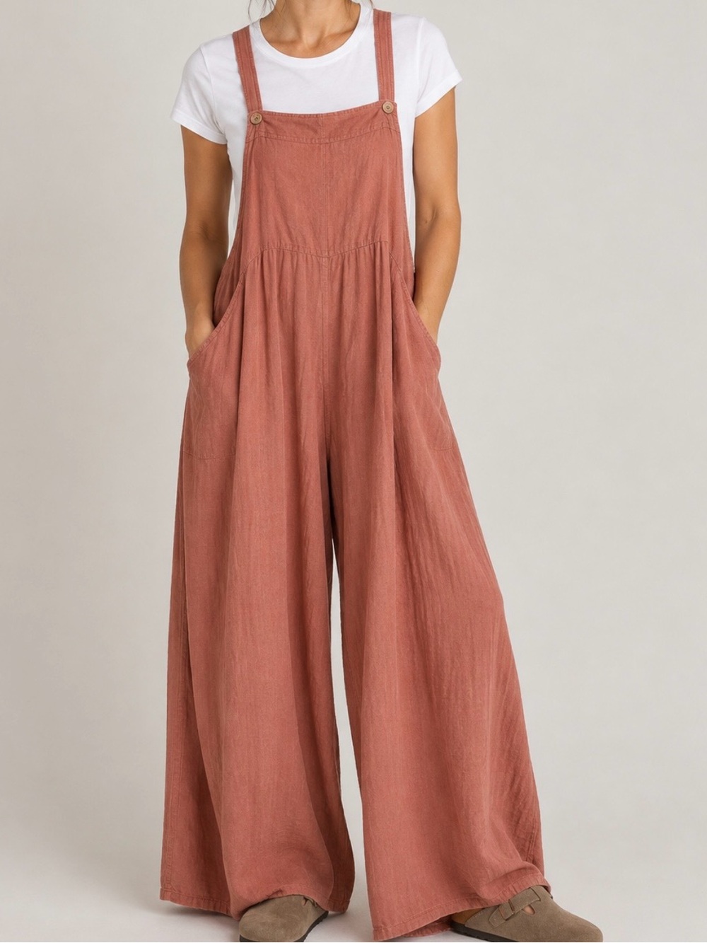 NATURAL LIFE Wide-Leg Linen-like Cotton Jumpsuit, Flowy Wide Leg, Small Medium